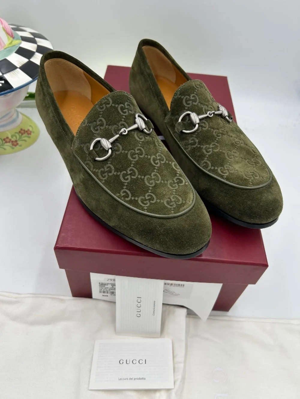 Men’s Gucci Jordy Guccissima Olive Green Suede Loafers. Size 8. Made in Italy.